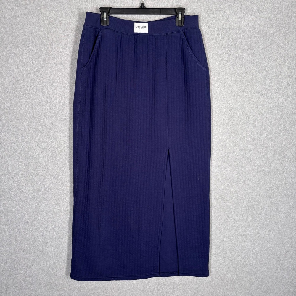 OFFLINE Aerie Quilted Maxi Skirt Large Blue Coffee Run Pockets GORP Sporty Comfy